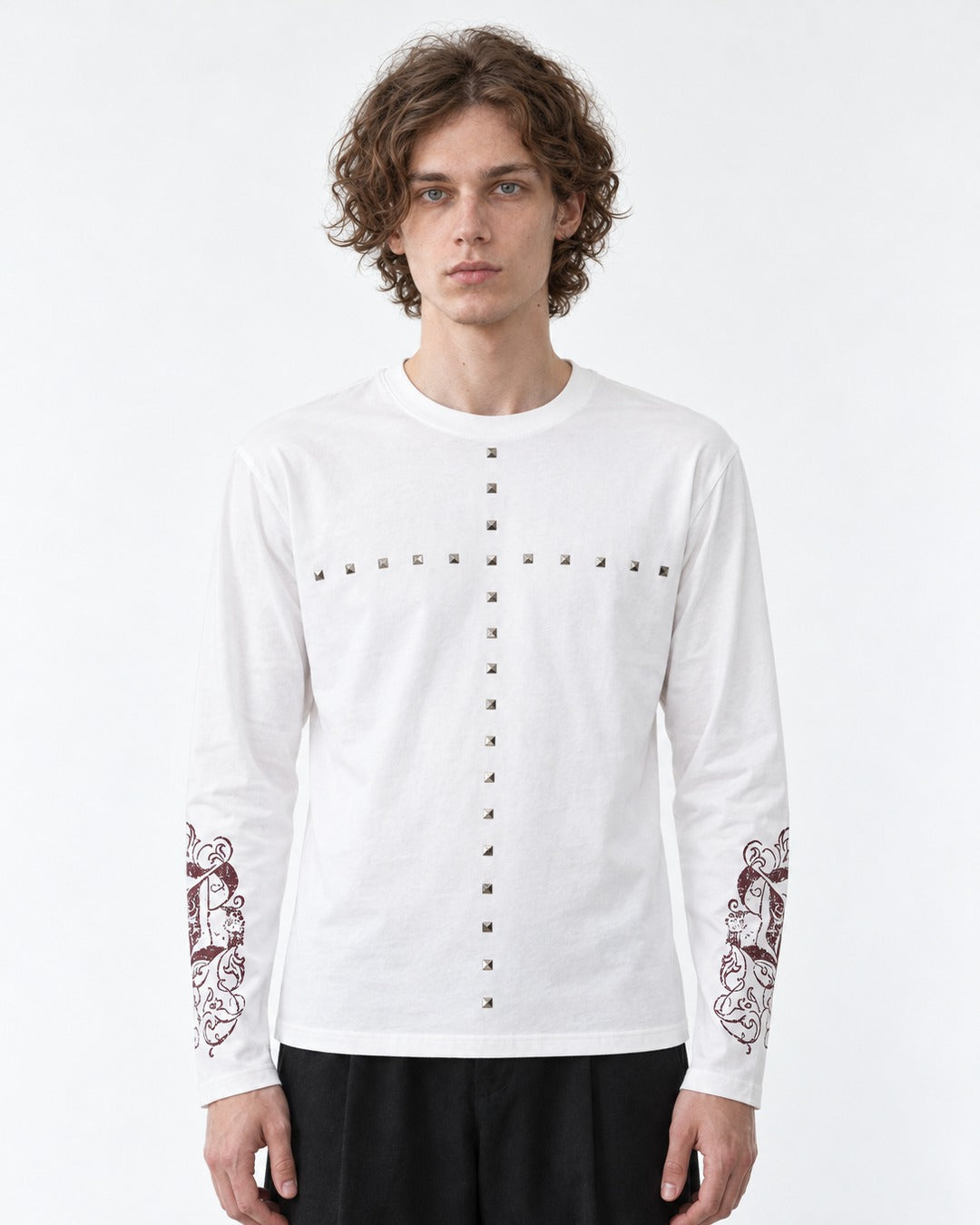 Studded Cross Print Sleeve Long Sleeve Tee