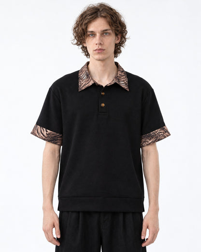 Leopard Print Collar Short Sleeve Polo Top