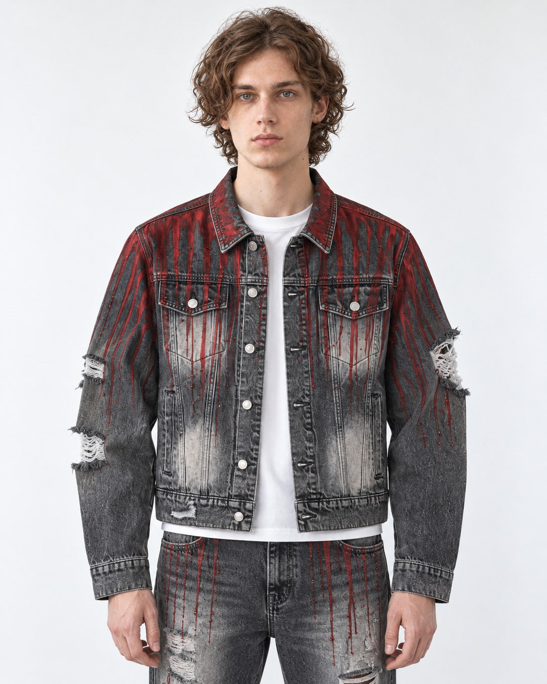 Hand-Painted Blood Rhinestone Denim Jacket and Pants Set-Up