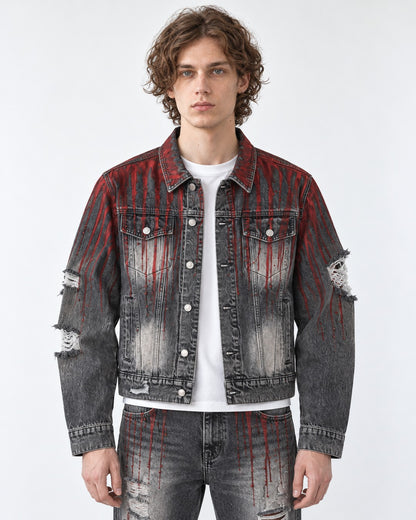 Hand-Painted Blood Rhinestone Denim Jacket and Pants Set-Up