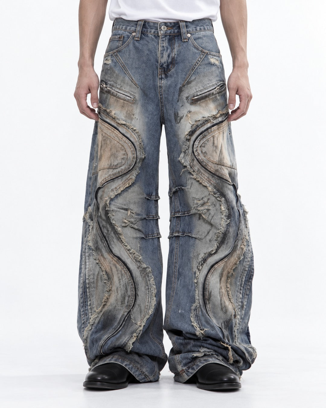 Wavy Panel Frayed Zip Jeans
