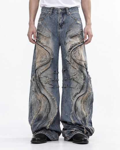 Wavy Panel Frayed Zip Jeans
