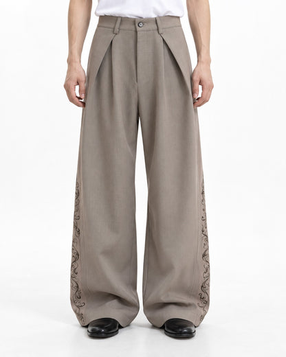Pleated Wide-Leg Trousers with Side Embroidery