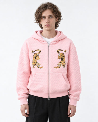 Tiger Embroidered Quilted Zip Hoodie