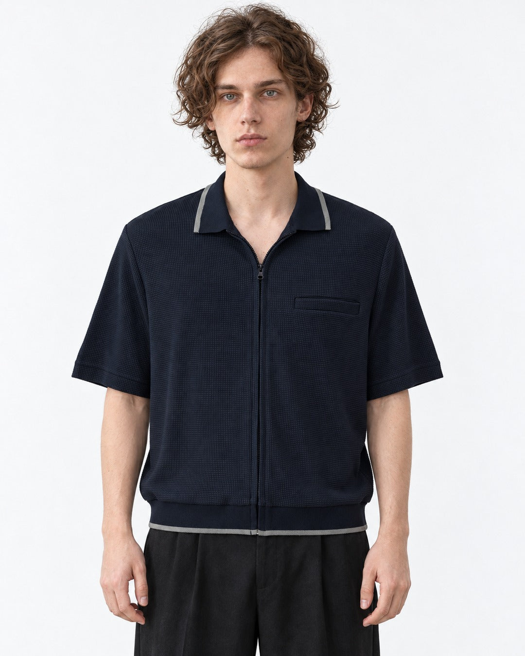 Waffle Knit Zip-Up Short Sleeve Shirt with Contrast Trim