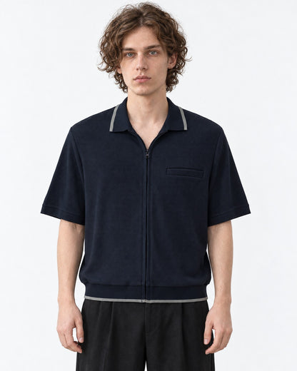 Waffle Knit Zip-Up Short Sleeve Shirt with Contrast Trim