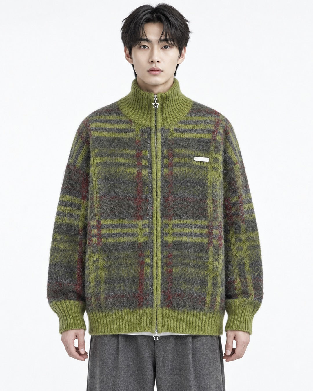 Mohair-Blend Plaid Zip Knit Jacket