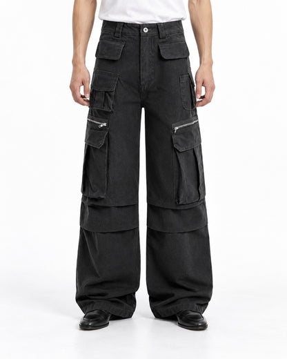 Multi Pocket Pleated Flare Cargo Pants