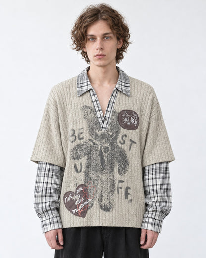 Layered Plaid-Trim Bear Graphic Knit Top