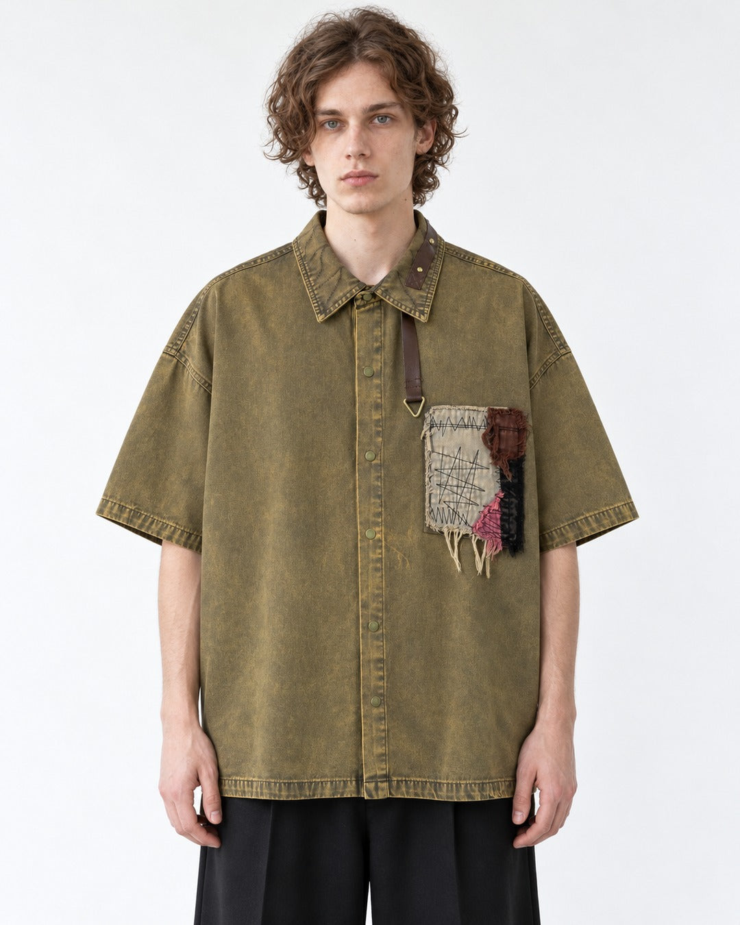 Washed Denim Patchwork Short-Sleeve Shirt