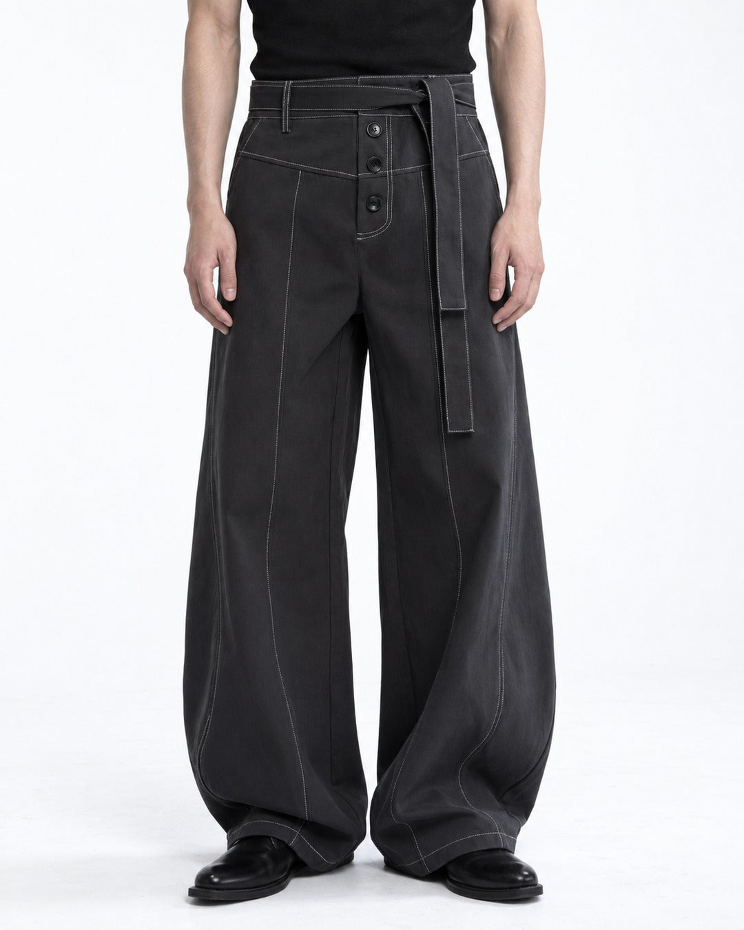 Contrast Stitch Wide-Leg Pants with Tie Belt