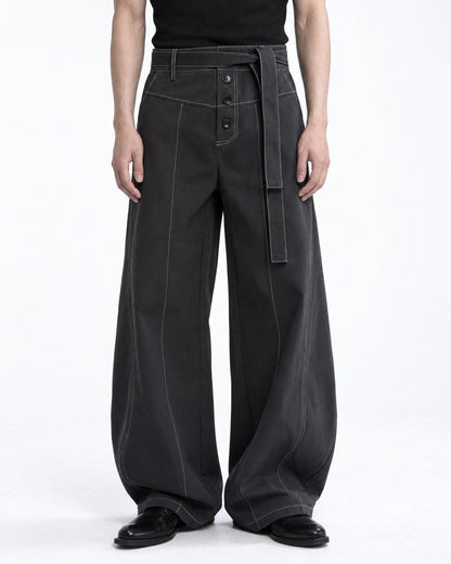 Contrast Stitch Wide-Leg Pants with Tie Belt