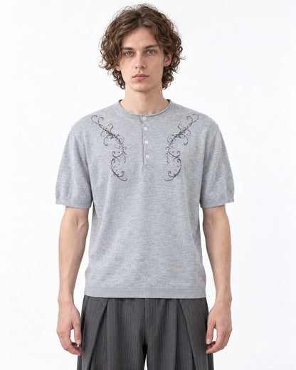 Henley Knit Top with Embroidered Scrollwork