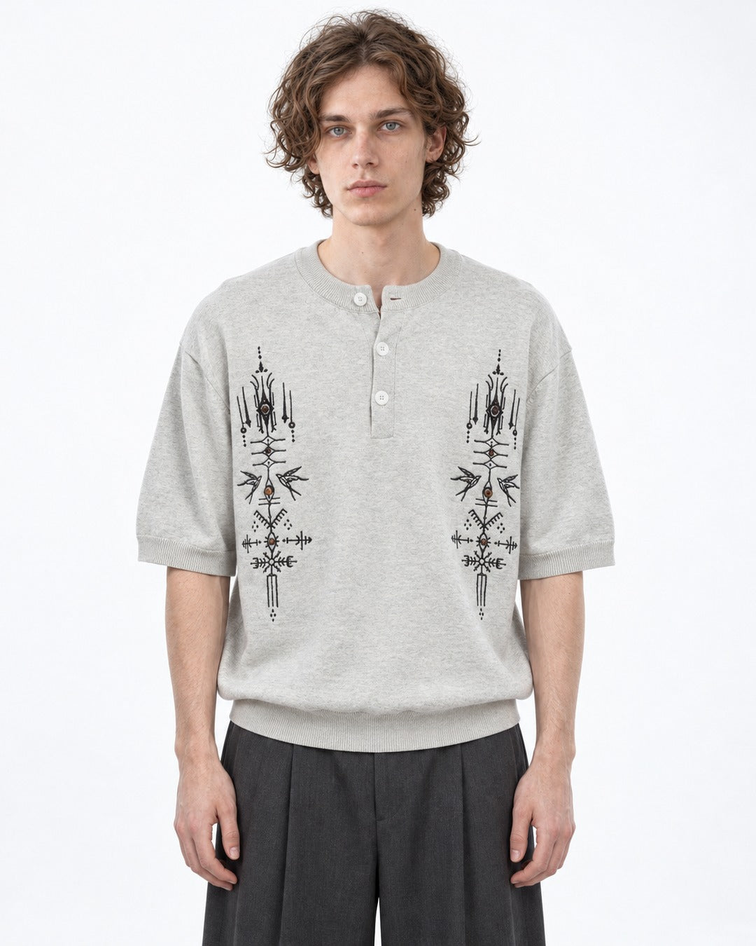 Embroidered Short-Sleeve Henley Knit Top