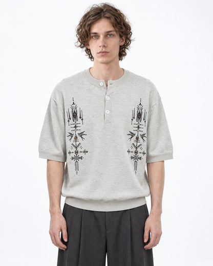 Embroidered Short-Sleeve Henley Knit Top