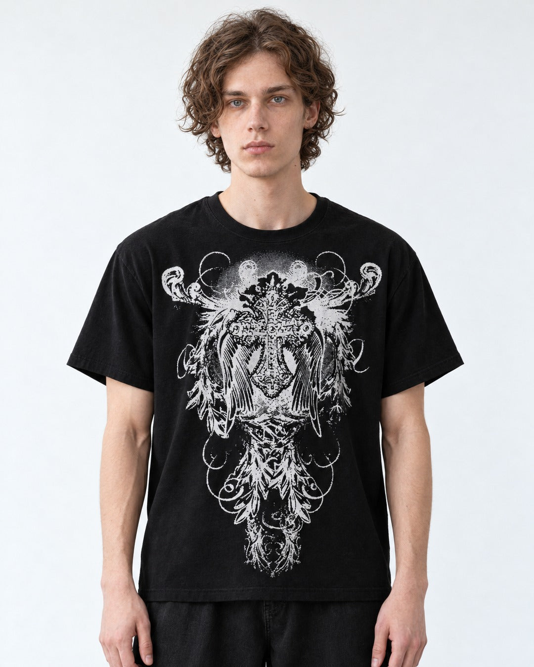 Winged Cross Gothic Print T-Shirt