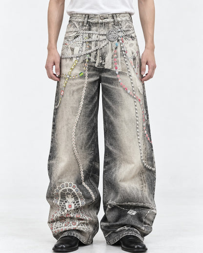 Pearl Chain Lace Print Baggy Jeans
