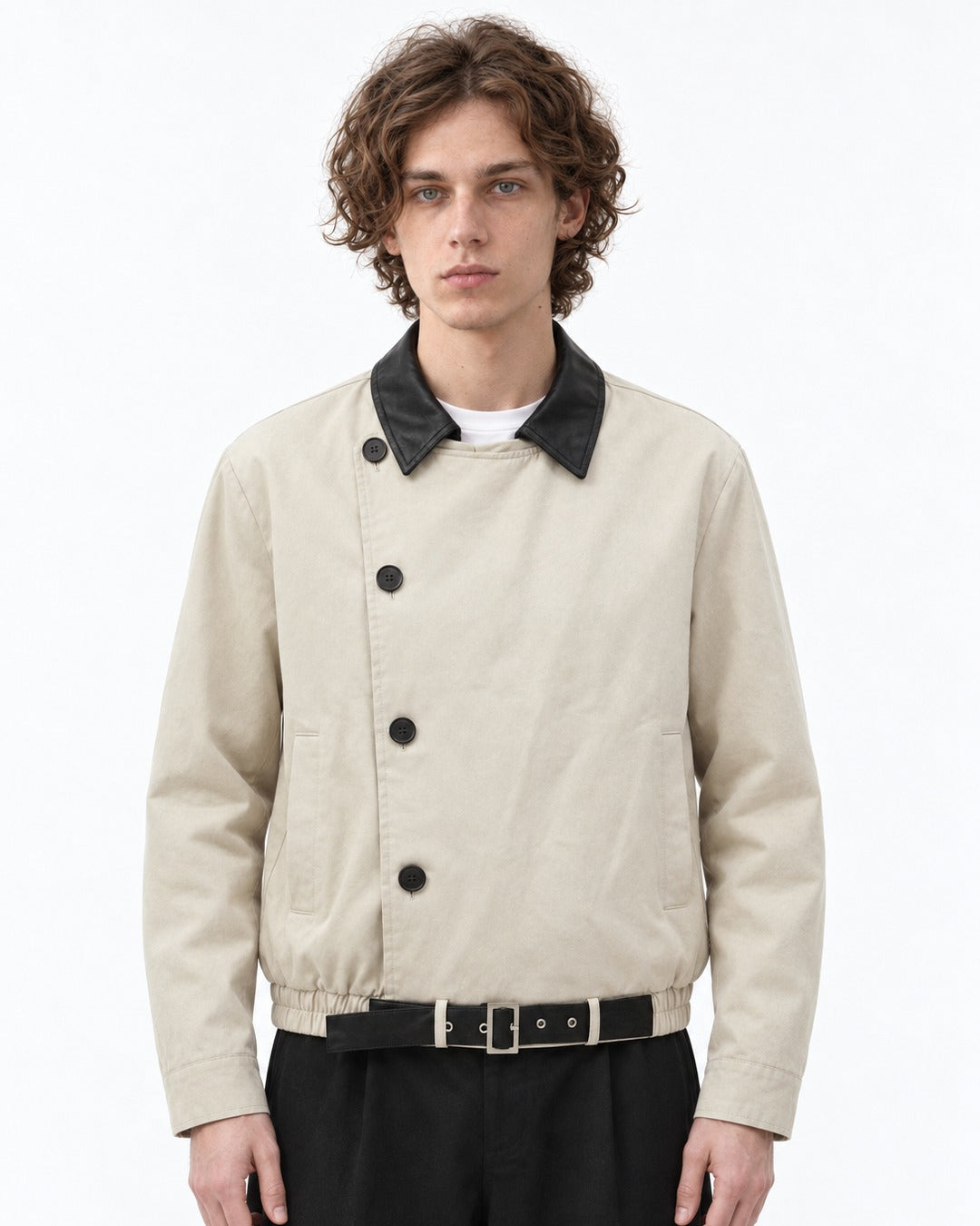 Diagonal Button Jacket with Contrast Collar