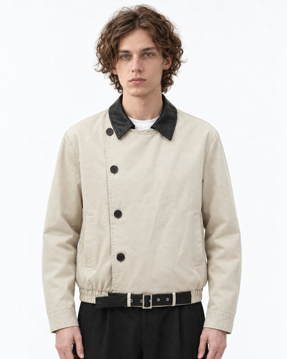 Diagonal Button Jacket with Contrast Collar