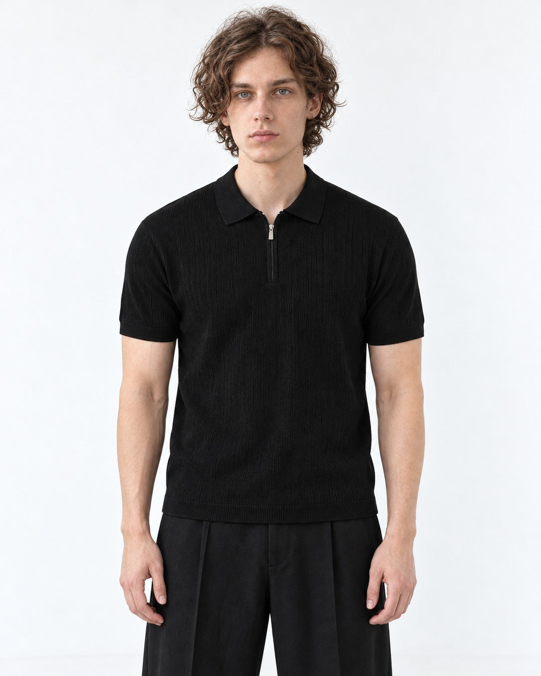 Ribbed Half-Zip Knit Polo