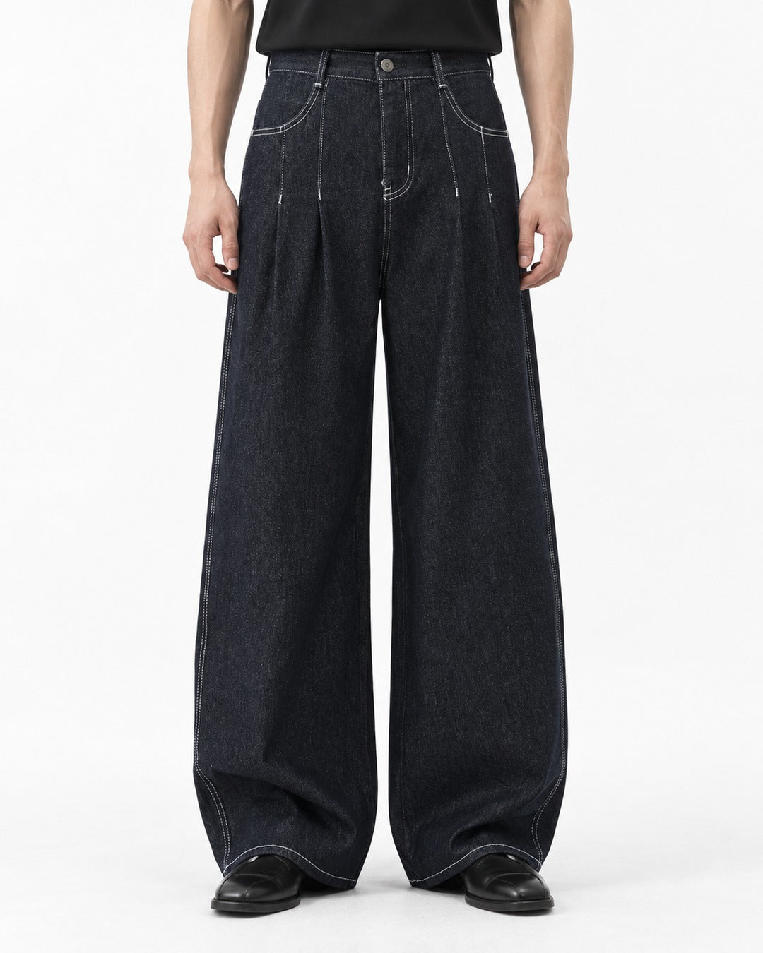 Double-Pleated Wide Denim Pants