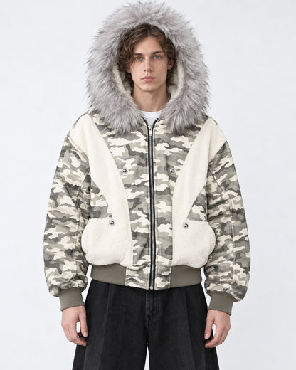 Camouflage Panelled Hooded Bomber with Fur Trim