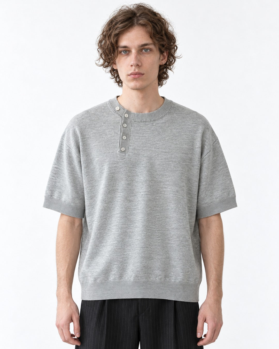 Diagonal-Button Henley Knit Top