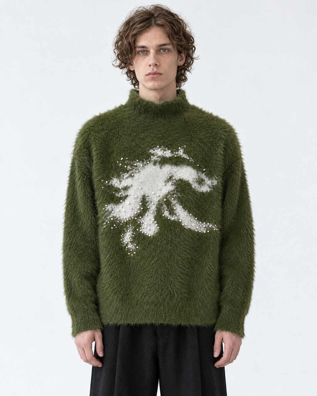 Brushed Horse-Intarsia Mock-Neck Sweater