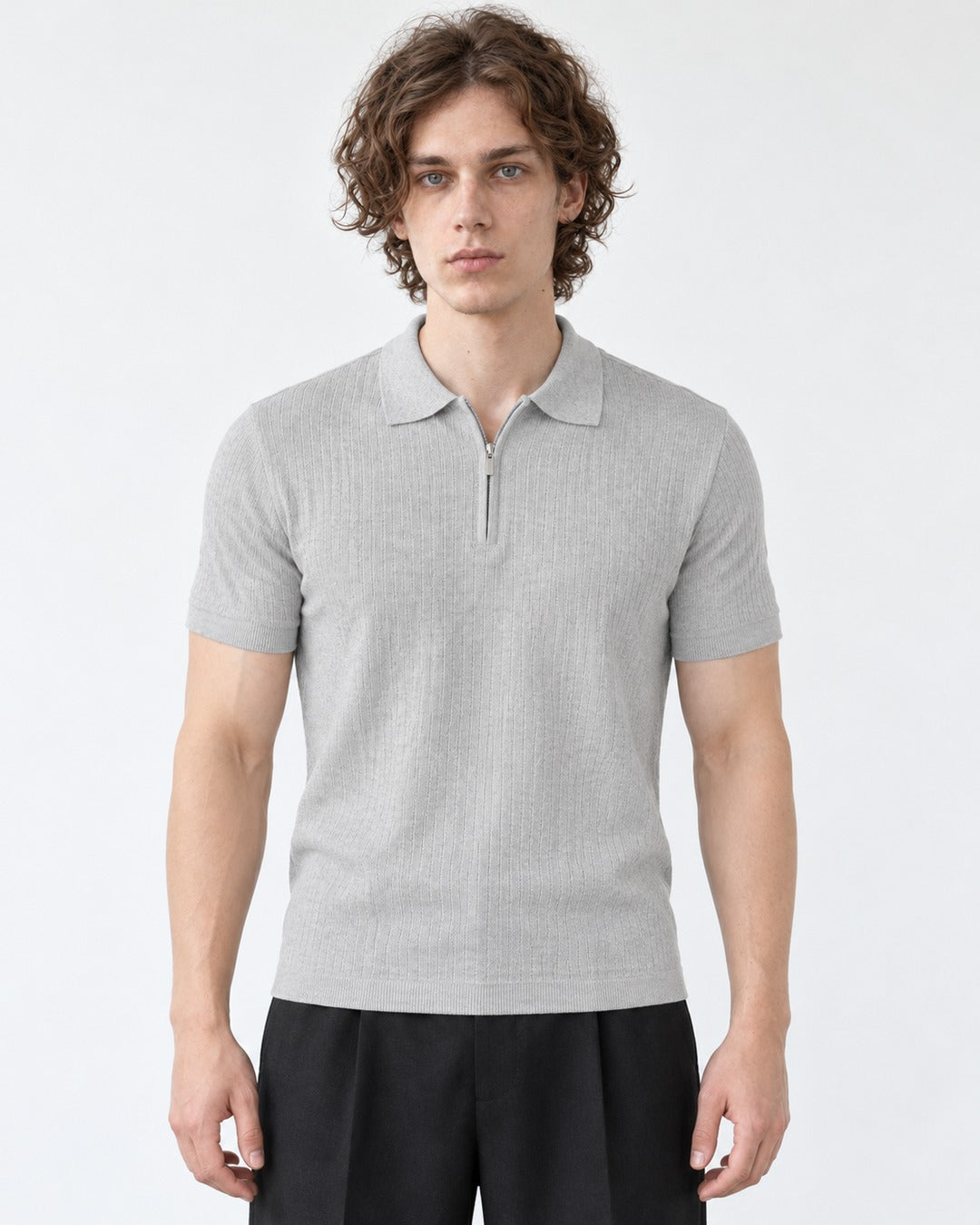 Ribbed Half-Zip Knit Polo