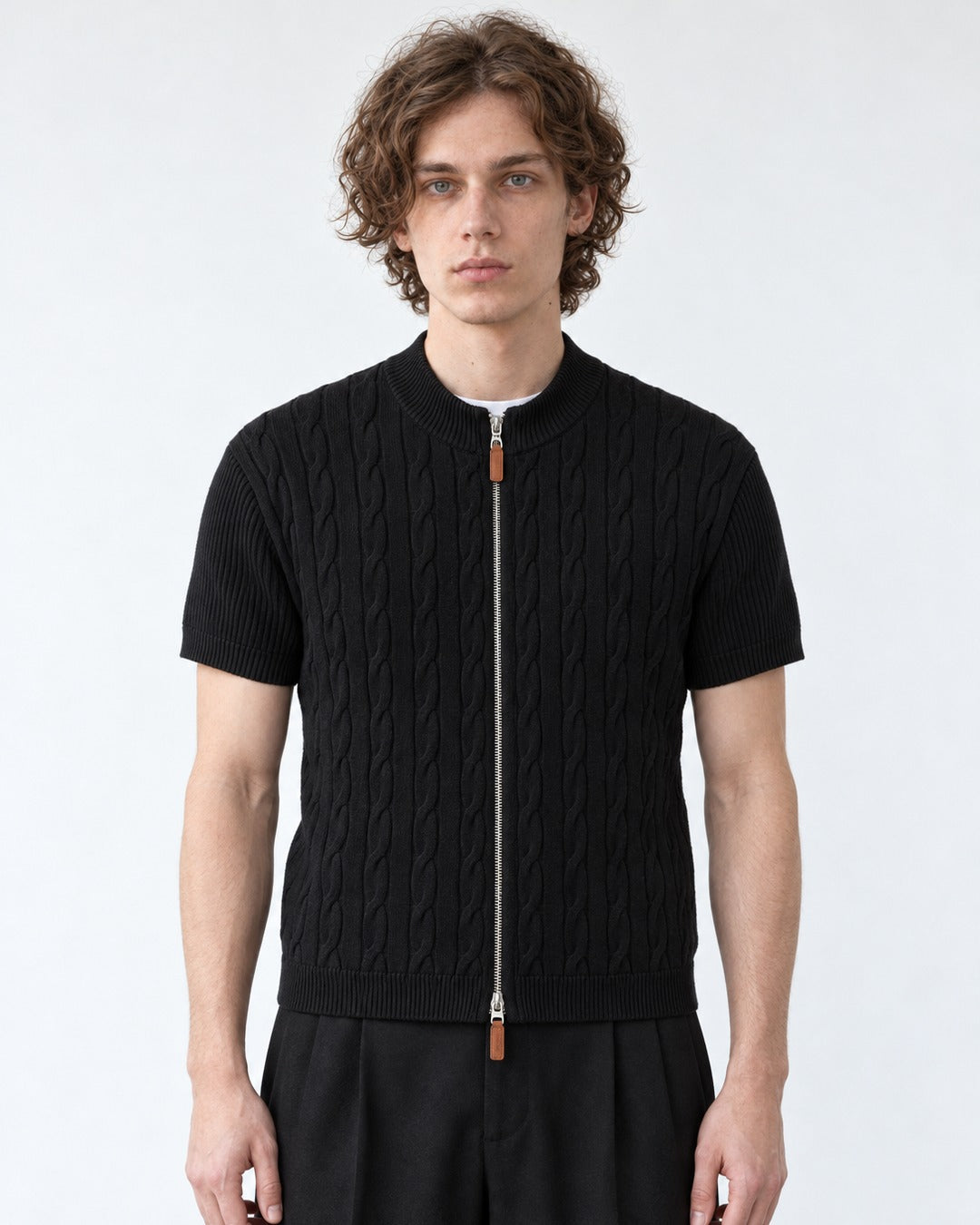 Cable-Knit Short-Sleeve Zip Cardigan