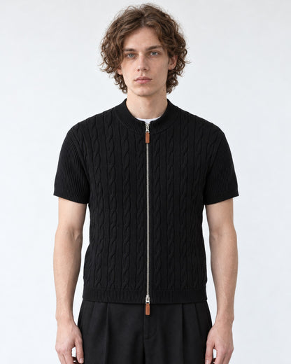 Cable-Knit Short-Sleeve Zip Cardigan