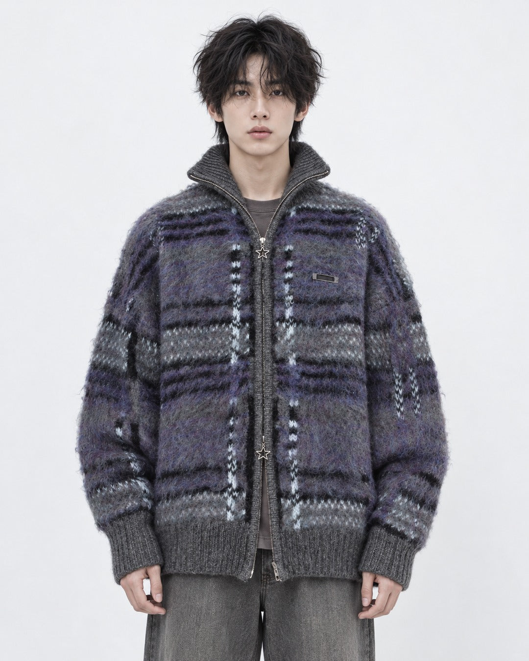 Mohair-Blend Plaid Zip Knit Jacket