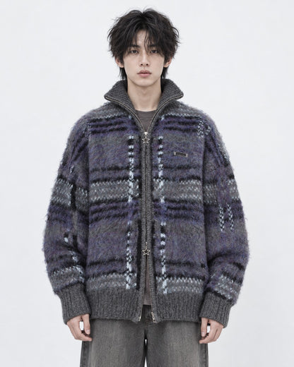 Mohair-Blend Plaid Zip Knit Jacket