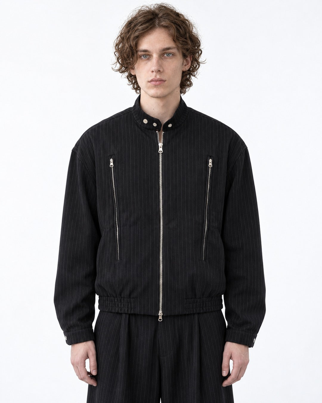 Pinstripe Stand Collar Zip Jacket and Wide Pants Set