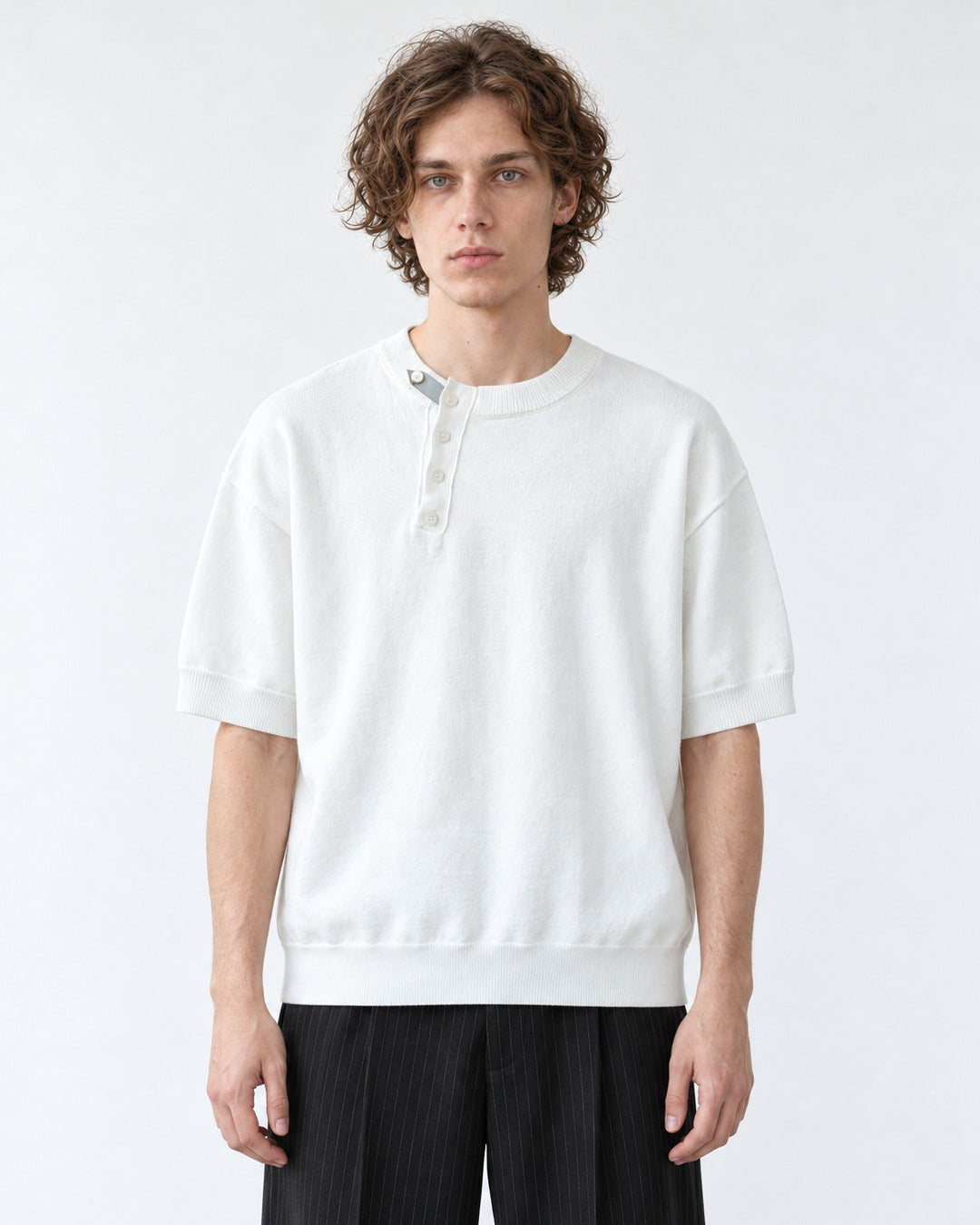 Diagonal-Button Henley Knit Top