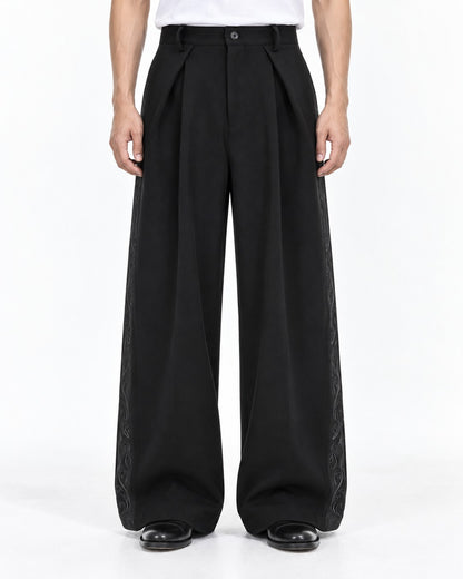 Pleated Wide-Leg Trousers with Side Embroidery