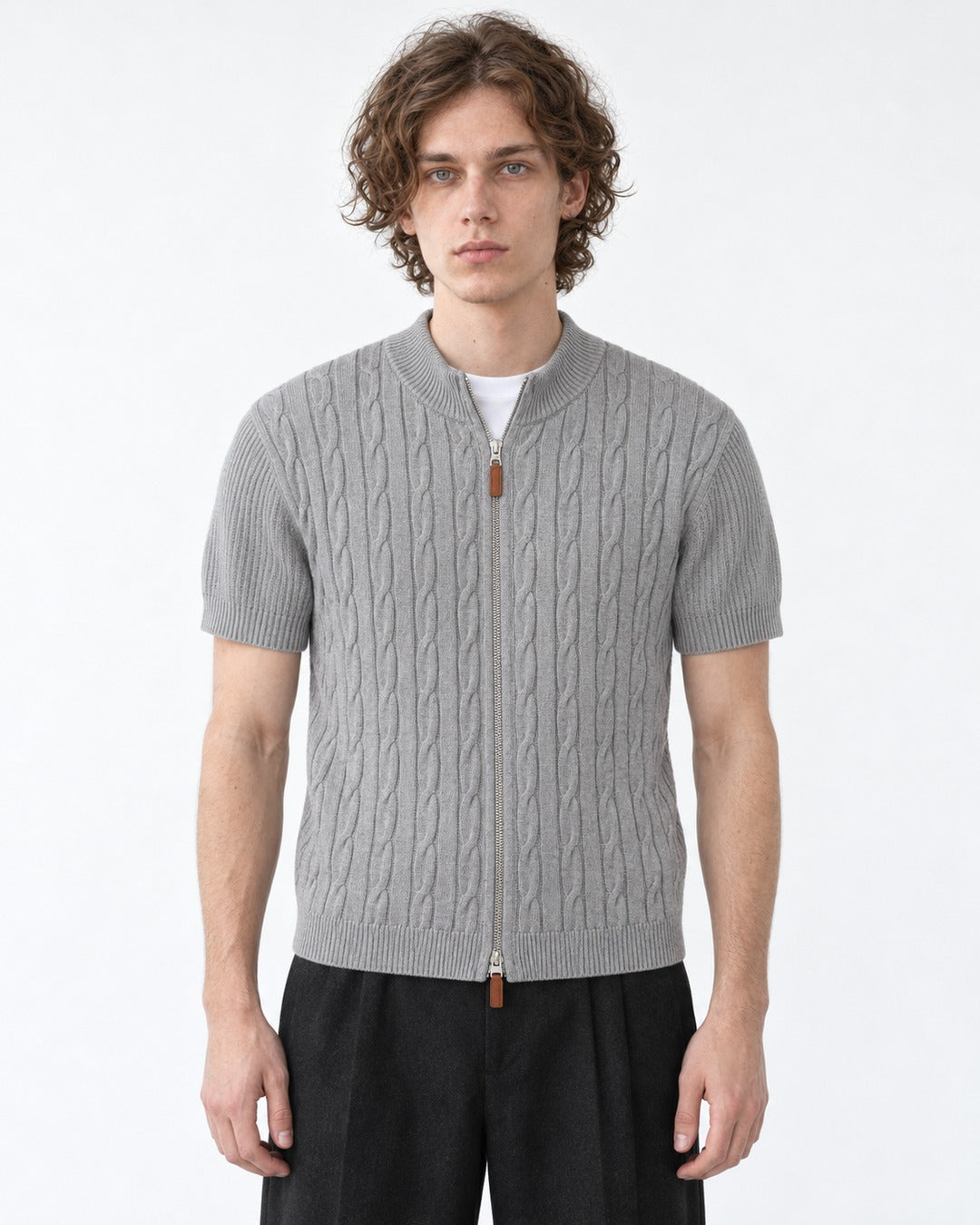 Cable-Knit Short-Sleeve Zip Cardigan