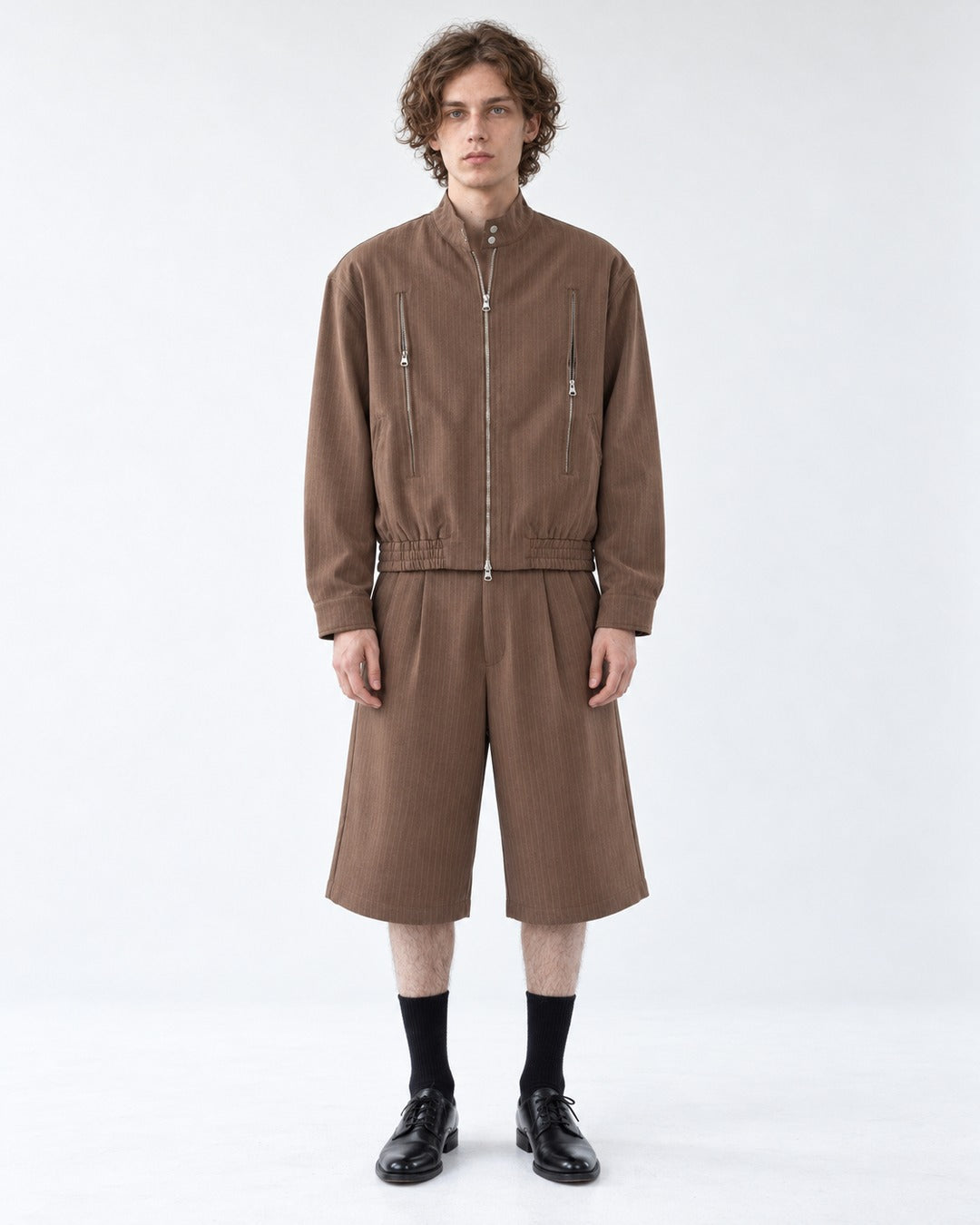 Pinstripe Stand Collar Zip Jacket and Wide Pants Set