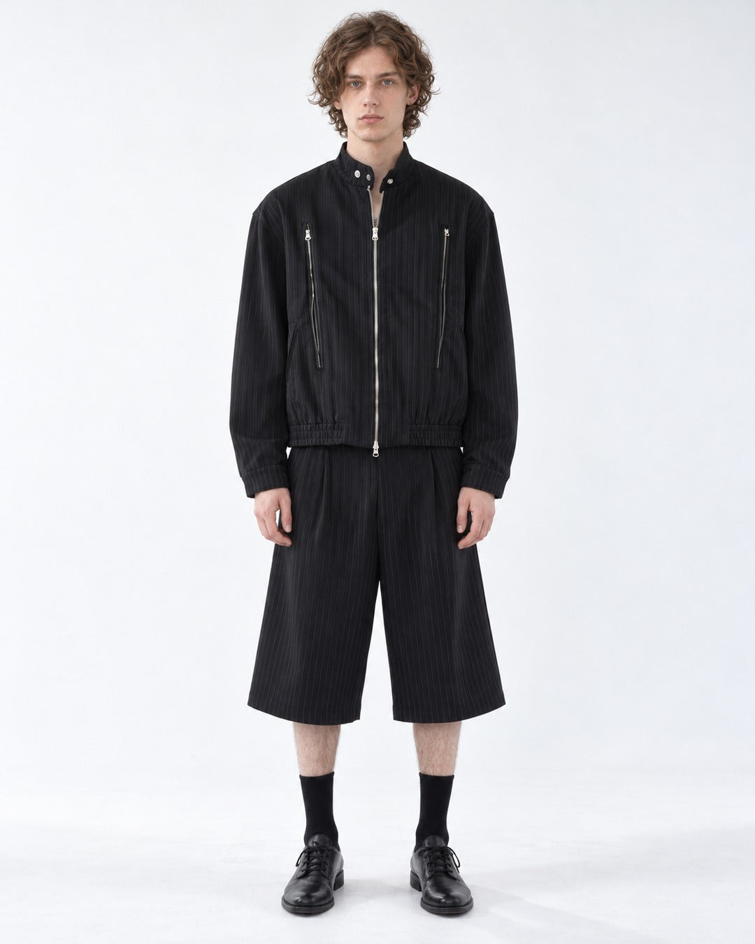 Pinstripe Stand Collar Zip Jacket and Wide Pants Set