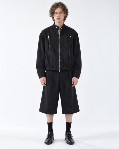 Pinstripe Stand Collar Zip Jacket and Wide Pants Set