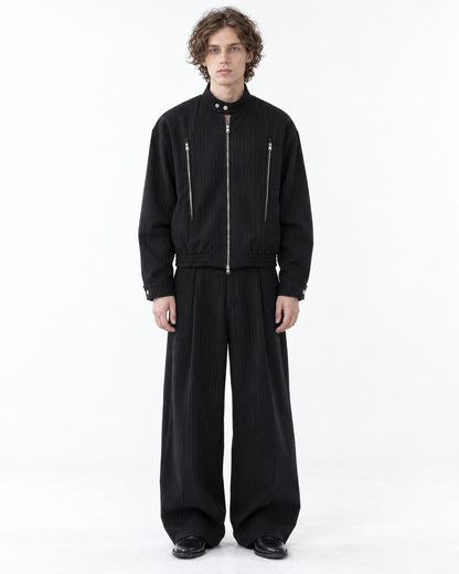 Pinstripe Stand Collar Zip Jacket and Wide Pants Set