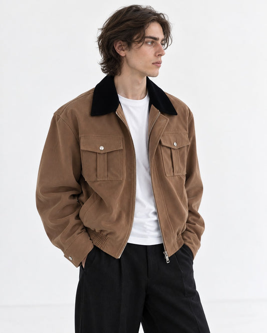 Contrast-Collar Flap-Pocket Bomber Jacket