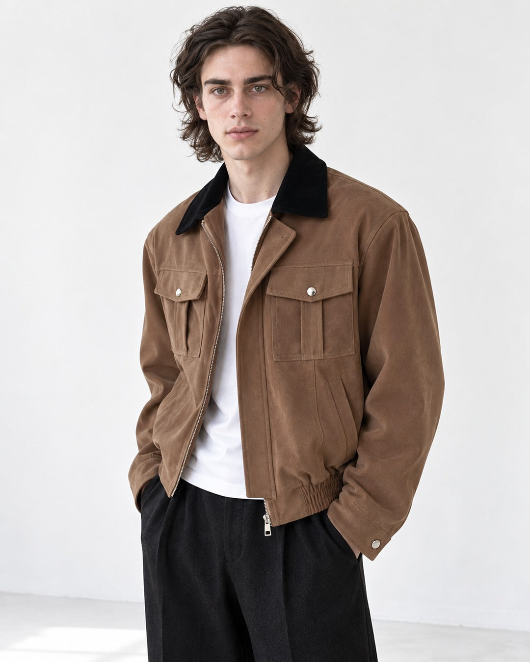 Contrast-Collar Flap-Pocket Bomber Jacket