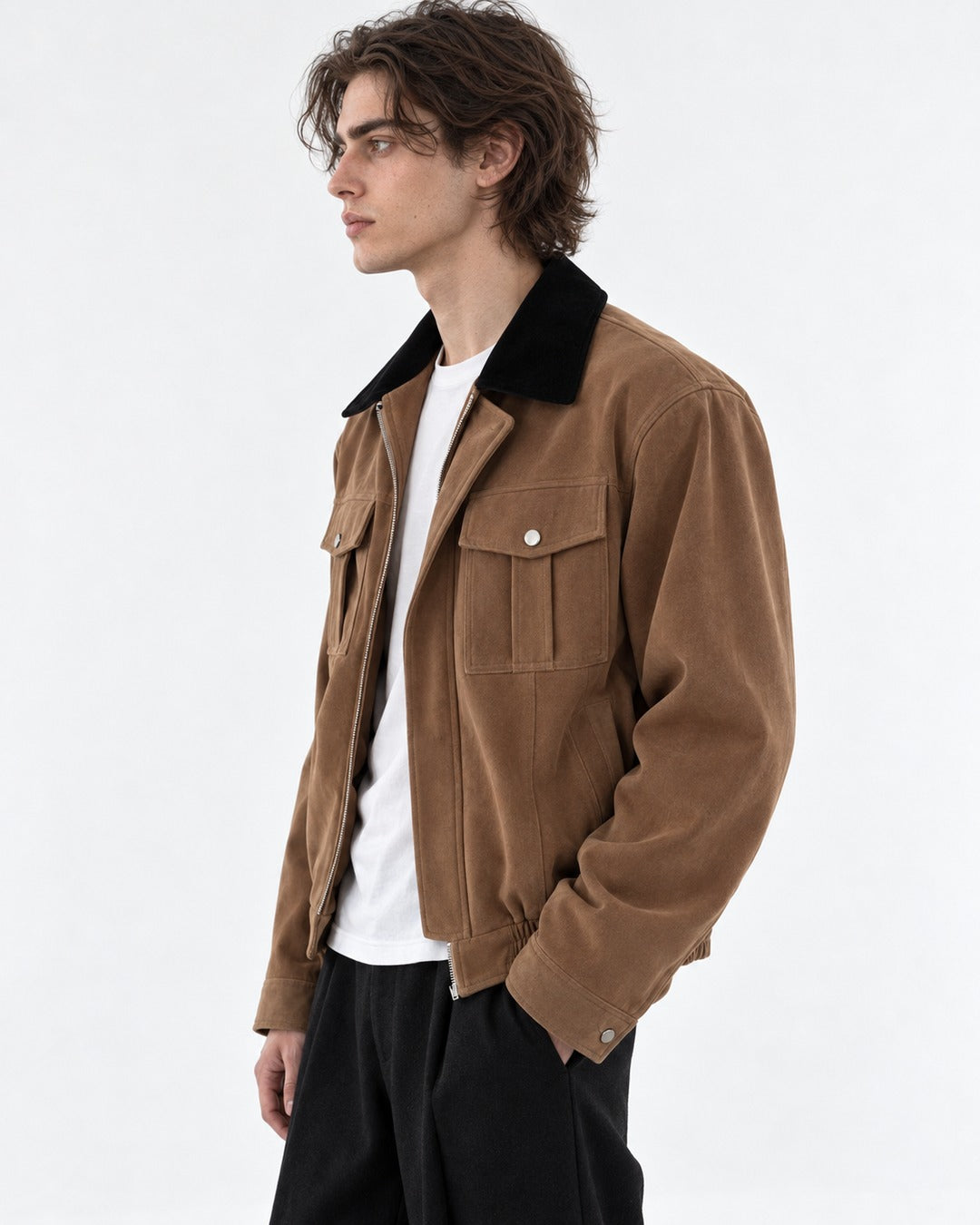 Contrast-Collar Flap-Pocket Bomber Jacket