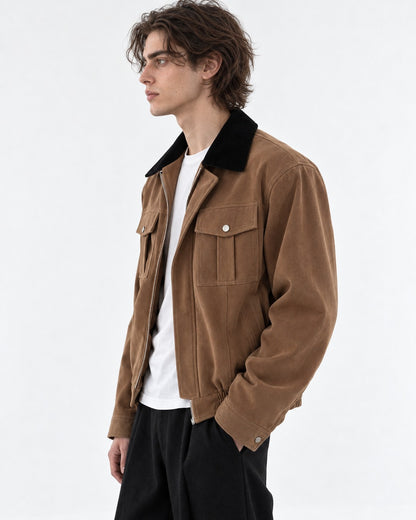Contrast-Collar Flap-Pocket Bomber Jacket
