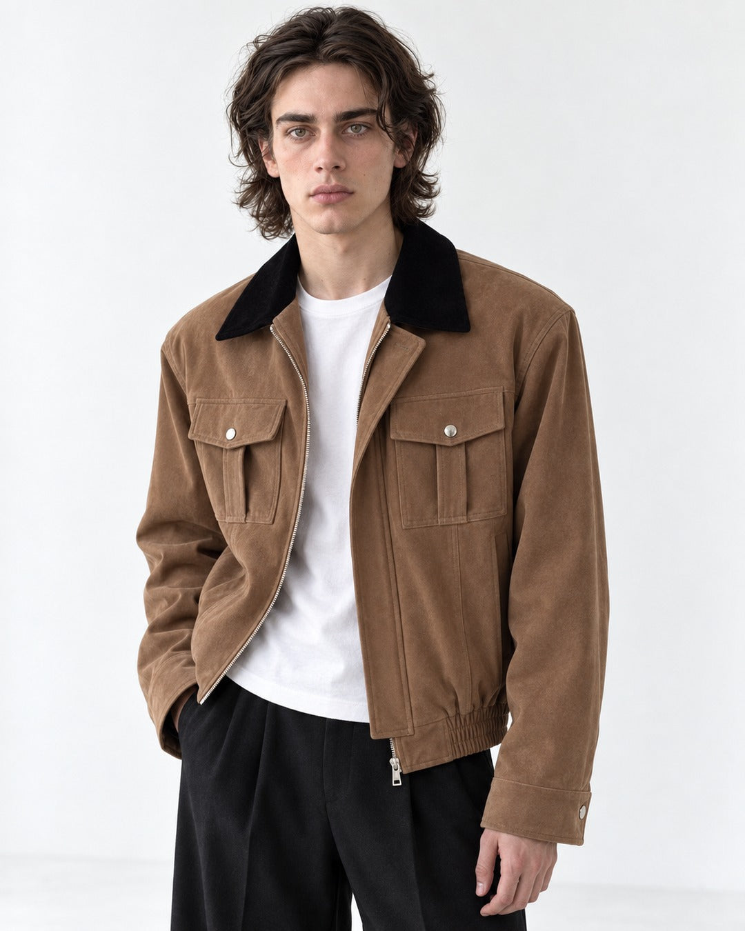 Contrast-Collar Flap-Pocket Bomber Jacket