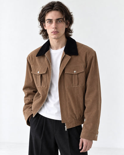 Contrast-Collar Flap-Pocket Bomber Jacket