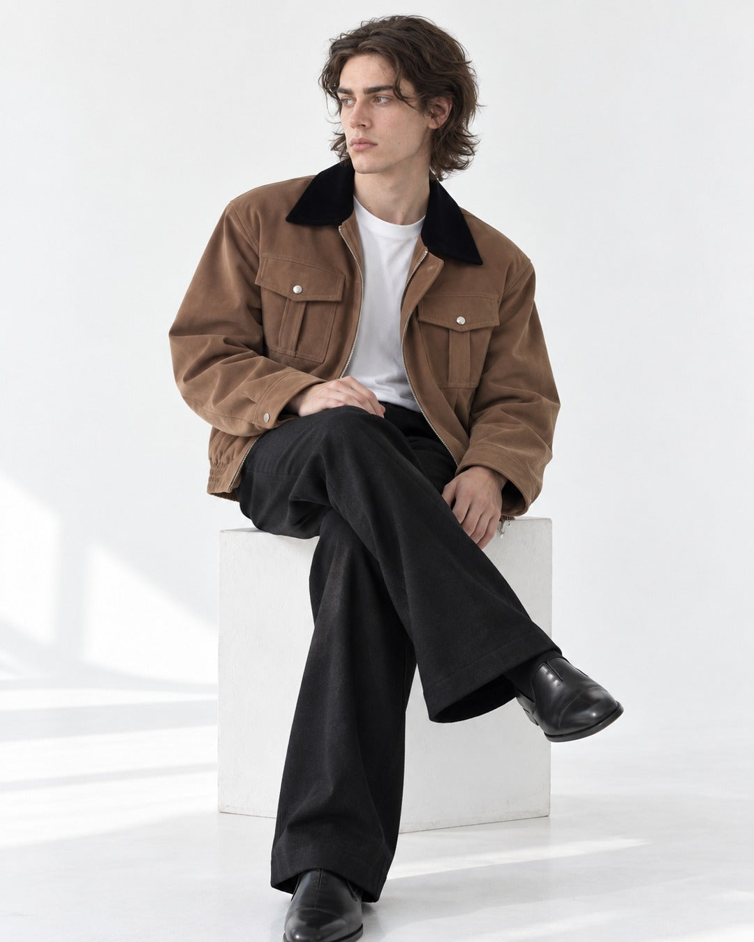 Contrast-Collar Flap-Pocket Bomber Jacket