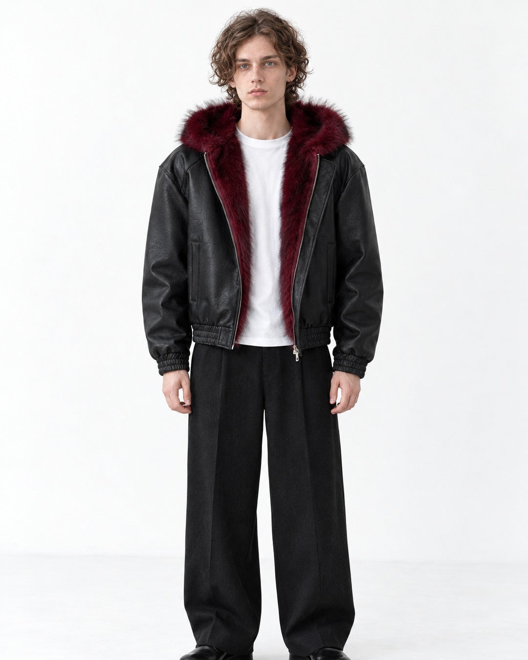 Fur-Trim Hooded Bomber Jacket with Offset Zip