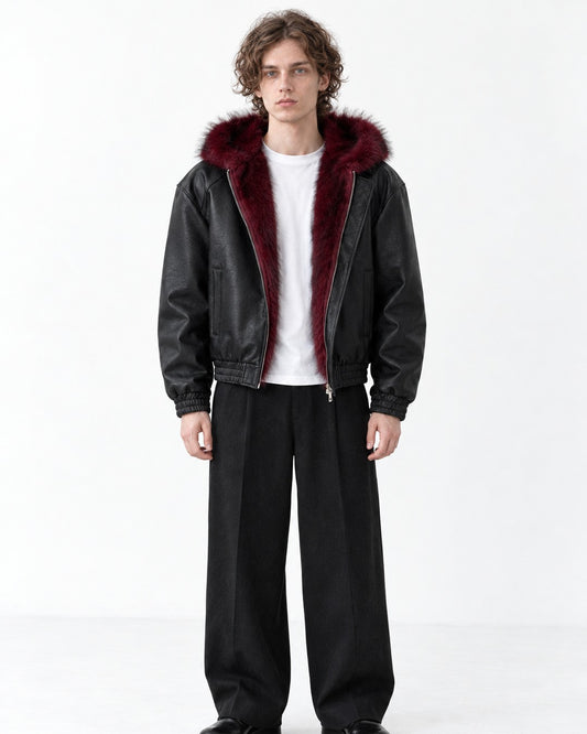 Fur-Trim Hooded Bomber Jacket with Offset Zip